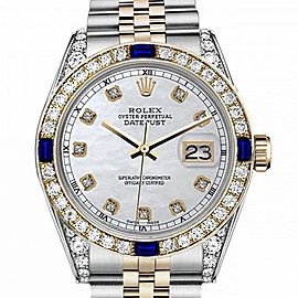 Women's Rolex 31mm Datejust Two Tone Jubilee White MOP Dial Diamond Accent Bezel + Lugs + Sapphire