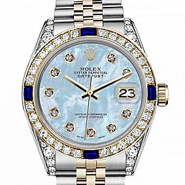Women's Rolex 31mm Datejust Two Tone Jubilee Baby Blue MOP Mother Of Pearl Dial Diamond Accent Bezel + Lugs + Sapphire