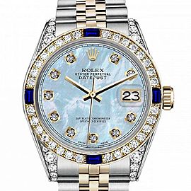Women's Rolex 31mm Datejust Two Tone Jubilee Baby Blue MOP Mother Of Pearl Dial Diamond RRT Bezel + Lugs + Sapphire