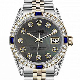 Men's Rolex 36mm Datejust Two Tone Jubilee Black MOP Mother Of Pearl Dial Diamonds Bezel + Lugs + Sapphire