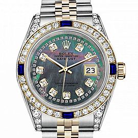 Men's Rolex 36mm Datejust Two Tone Jubilee Black MOP Mother of Pearl String Diamond Accent Dial Bezel + Lugs + Sapphire
