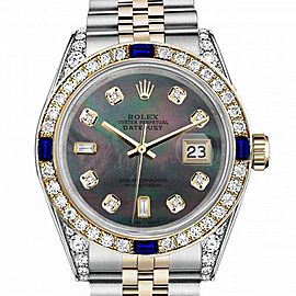Men's Rolex 36mm Datejust Two Tone Jubilee Black MOP Mother Of Pearl 8 + 2 Diamond Accen Bezel + Lugs + Sapphire
