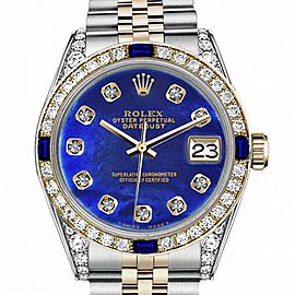 Men's Rolex 36mm Datejust Two Tone Jubilee Blue Color Treated MOP Mother Of Pearl Diamond Dial Bezel + Lugs + Sapphire