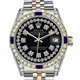 Men's Rolex 36mm Datejust Two Tone Jubilee Glossy Black String Diamond Accent Dial Bezel + Lugs + Sapphire