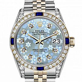 Men's Rolex 36mm Datejust Two Tone Jubilee Glossy Ice Blue Flower Dial Diamond Accen Bezel + Lugs + Sapphire