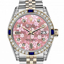 Men's Rolex 36mm Datejust Two Tone Jubilee Glossy Pink Flower Dial 8 + 2 Diamond Accent Bezel + Lugs + Sapphire