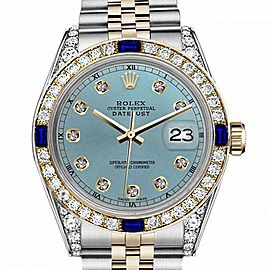 Men's Rolex 36mm Datejust Two Tone Jubilee Ice Blue Color Dial Diamond Accent RT Bezel + Lugs + Sapphire