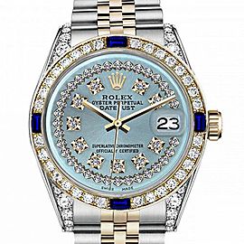 Men's Rolex 36mm Datejust Two Tone Jubilee Ice Blue String Diamond Dial Bezel + Lugs + Sapphire