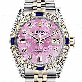Men's Rolex 36mm Datejust Two Tone Jubilee Pink Flower MOP Mother of Pearl Dial 8+2 Diamond Bezel + Lugs + Sapphire