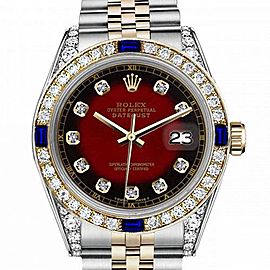Men's Rolex 36mm Datejust Two Tone Jubilee Red Vignette Color Dial Diamond Accent RT Bezel + Lugs + Sapphire