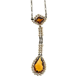 Platinum Vintage Art Deco 1920s Citrine Cultured Pearl Lavaliere Necklace