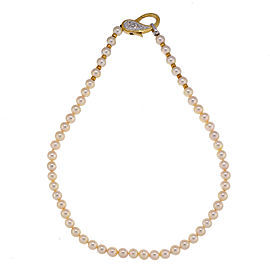 Vintage Cultured Pearl 18k Yellow Gold Diamond Necklace