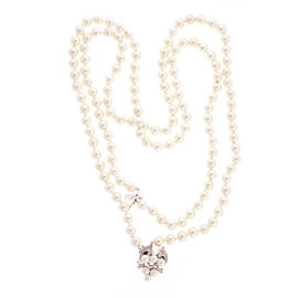 14k White Gold Diamond Double Strand Cultured Pearl Necklace