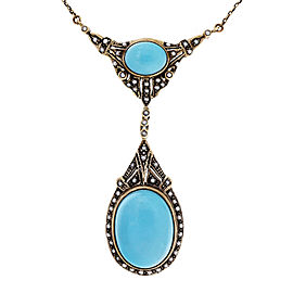 Estate 1930 English Turquoise Seed Pearl Victorian Revival Yellow Gold Necklace