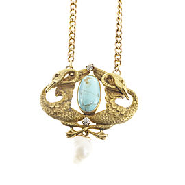 14k Yellow Gold Art Nouveau Turquoise Baroque Cultured Pearl Swan Necklace