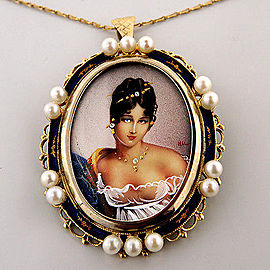 Vintage Hand Painted Woman Picture 14k Yellow Gold Cultured Pearl Pin/Pendant