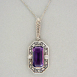 Art Deco 1940'S 14k White Gold Filigree 6.00ct Amethyst Pendant Bar Link Chain