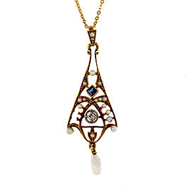Antique Victorian Pearl Sapphire Diamond Lavaliere 14k Yellow Gold Pendant
