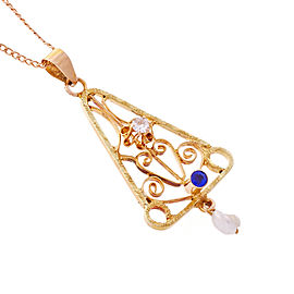 Antique 1900 Lavalier Rose Gold Diamond Natural Pearl Pendant 14k