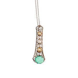 Platinum Edwardian Carved Emerald Diamond Cultured Pearl Pendant