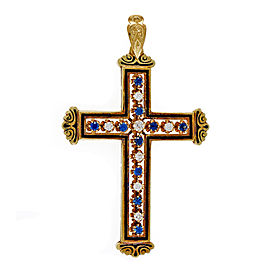 Vintage 14k Yellow Gold & Black Enamel Sapphire Diamond Cross Pendant