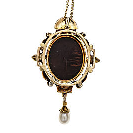 Victorian Vintage Carved Hardstone Pendant Natural Pearl Rose Cut Diamond 14k