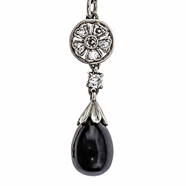 Vintage 1940 Black Onyx Tear Drop Pendant 14k White Gold Diamond