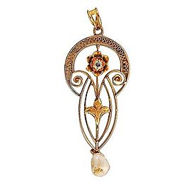 Vintage Victorian 1900s Scroll 14k Gold Diamond 6.5mm Freshwater Pearl Pendant