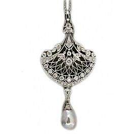 Platinum Vintage Estate Baroque Cultured Pearl Pave Diamond Necklace