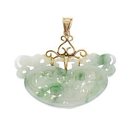 Vintage 1950 Carved Green Jadeite Jade Pendant 14k Gold Top