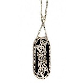 Platinum Onyx & Diamond Edwardian Ribbon Bow Vintage Pendant Chain