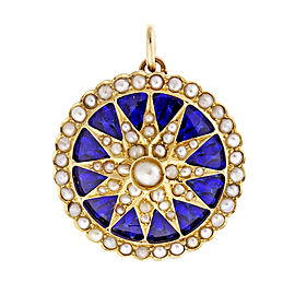 Vintage 18k Yellow Gold Sunburst Design Cobalt Blue Enamel Pendant