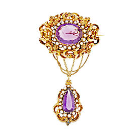 Georgian Antique 1800 Pin Pendant Amethyst Natural Pearl 14k Detachable Dangle