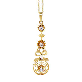 14k Yellow Gold Bow Dangle Diamond Cultured Pearl Necklace