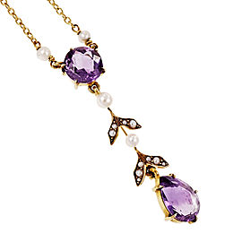 Vintage Art Nouveau 14k Yellow Gold Amethyst & Cultured Pearl Pendant Necklace