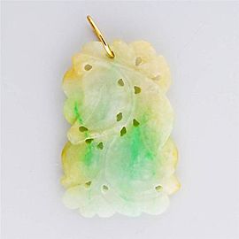 Antique Natural Jadeite Jade Green White Carved Pendant 14k