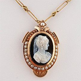 Victorian 1880 14k Pink Gold Carved Hardstone Cameo Pendant Natural Pearl