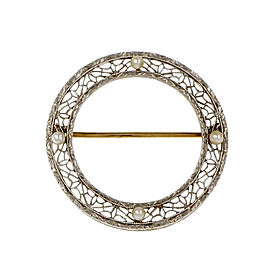 Vintage Krementz 1920 Circle Pin Filigree Platinum Top Natural Pearl