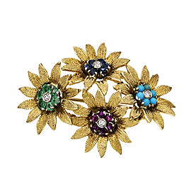 Vintage 1950 Flower Pin 18k Textured Gold Multi-Colored Gemstones