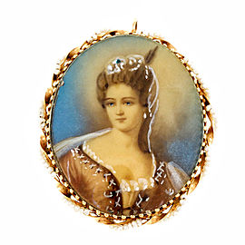 Vintage Porcelain Enamel Hand Painted Pin Pendant Seed Pearls 14k Yellow Gold