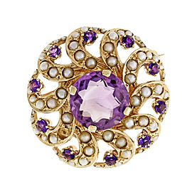 Vintage 1950 Open Swirl Circle Amethyst Seed Pearl 14k Yellow Gold Pin Pendant