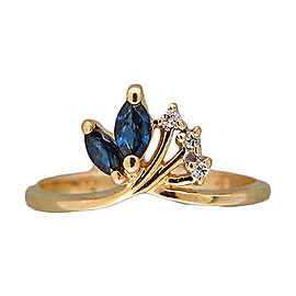 Estate 14k Yellow Gold 1960s Deep Blue Marquise Sapphire Round Diamond Fan Ring