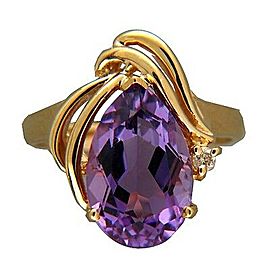 Vintage Pear Shape 4.29ct Amethyst 14k Yellow Gold Swirl Full Cut Diamond Ring
