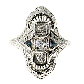 Art Deco 18K White Gold with 0.18ct. Diamond & Sapphire Filigree Ring Size 8