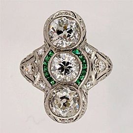 Vintage Platinum Diamond and Emerald Art Deco Ring Size 4.75