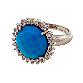 Piero Milano 18k White Gold Ring With Diamond Halo Turquoise Center Size 6.5