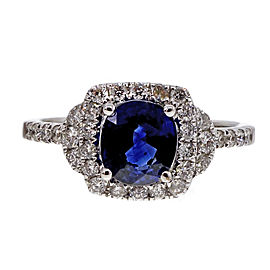 Estate 18K White Gold 1.41ct Cushion Gem Sapphire and Diamond Halo Engagement Ring Size 6.75