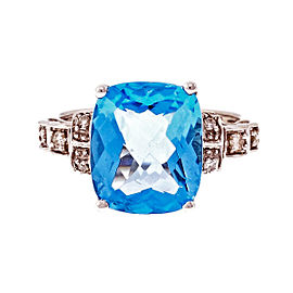 Cushion Cut Bright Blue Topaz Ring 14k White Gold Diamond