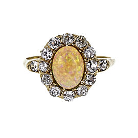 Victorian 1900 Gem Opal Ring Old Mine Diamonds 14k Yellow Gold