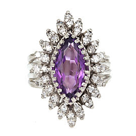 Vintage 1950 Marquise Amethyst Cocktail Ring Diamond 14k White Gold